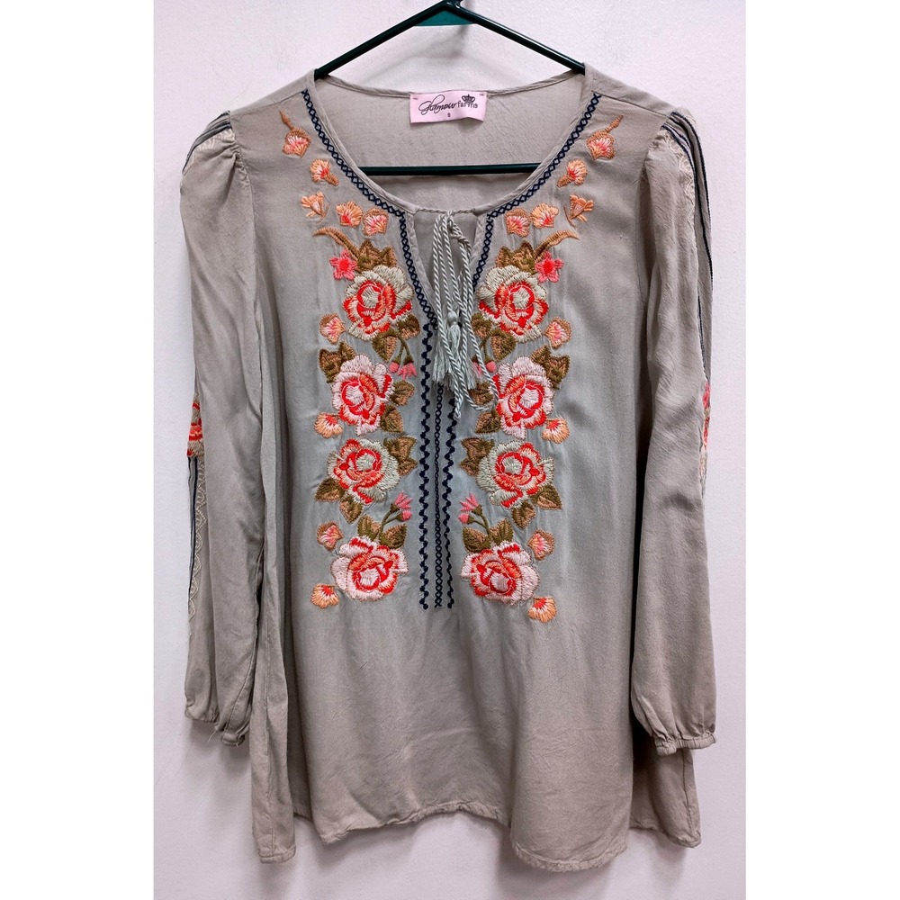 Glamour Farms Embroidered Boho Top Womens Small Gray Floral Tassel Peasant